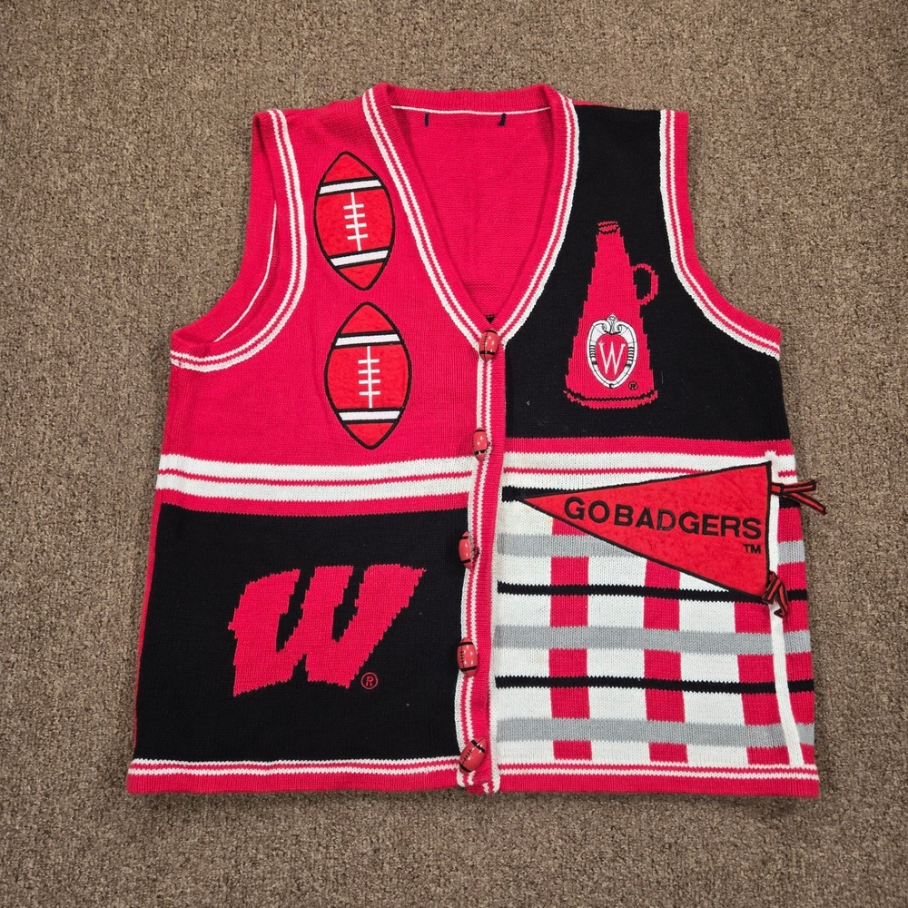 Vintage Wisconsin Badgers Sweater Vest Mens L‎ Red Knit Embroidered Ugly